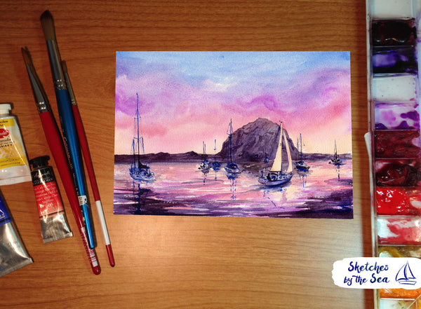 Sunset at Morro Bay, Watercolor Painting Art Print. Nautical Decor