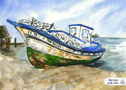 Old Wooden Boat, Watercolor and Ink Nautical Decor Print