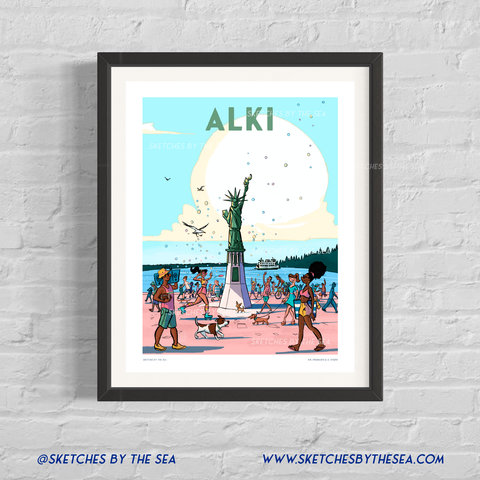 Alki Boardwalk Travel Poster, West Seattle Neighborhood Retro Inspired
