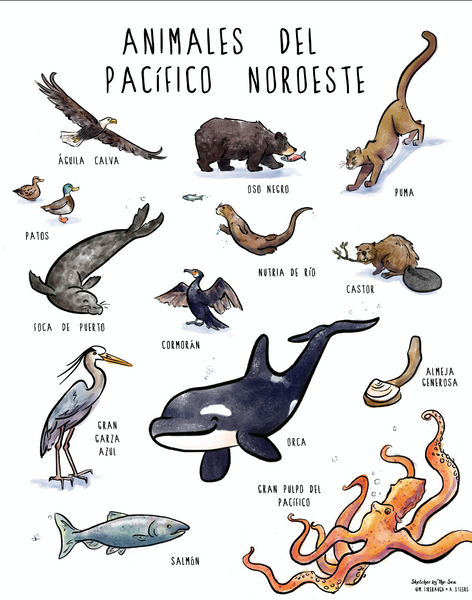 Pacific Northwest Animals Poster, Whimsical Wall Art