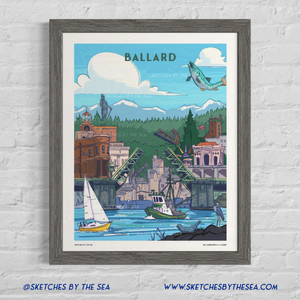 Ballard Travel Poster, Seattle Neighborhood Retro Inspired Art