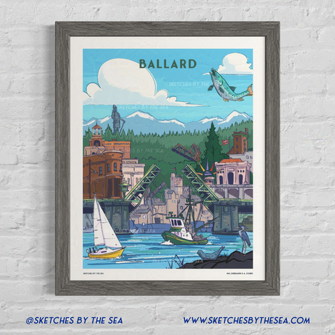 Ballard Travel Poster, Seattle Neighborhood Retro Inspired Art