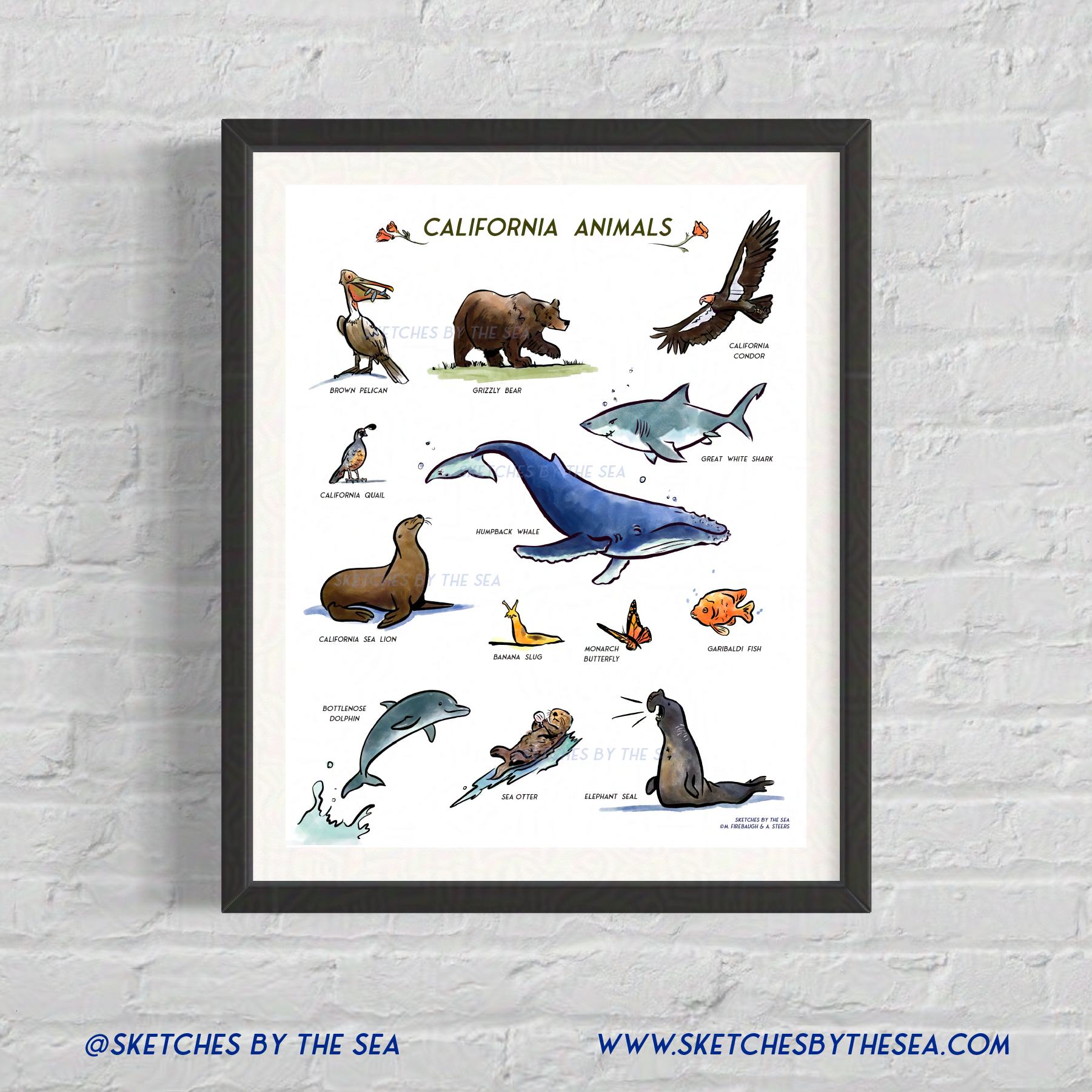 California Animals Poster, Whimsical Wall Art