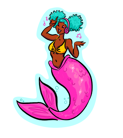 Dancing Black Mermaid with Headphones and Turquoise Puffs ST858