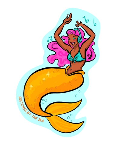 Dancing Mermaid with Headphones and Pink Curls, Brown Girl Mermaid ST860