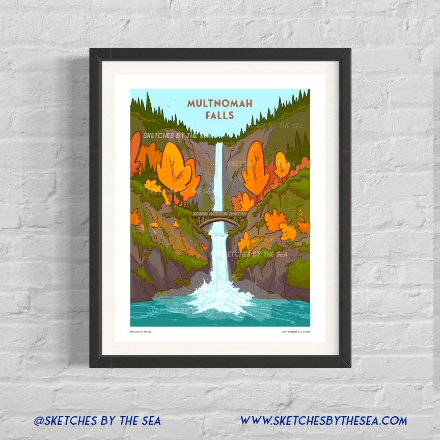 Multnomah Falls Art Print, Oregon Waterfall Retro Inspired Travel Poster