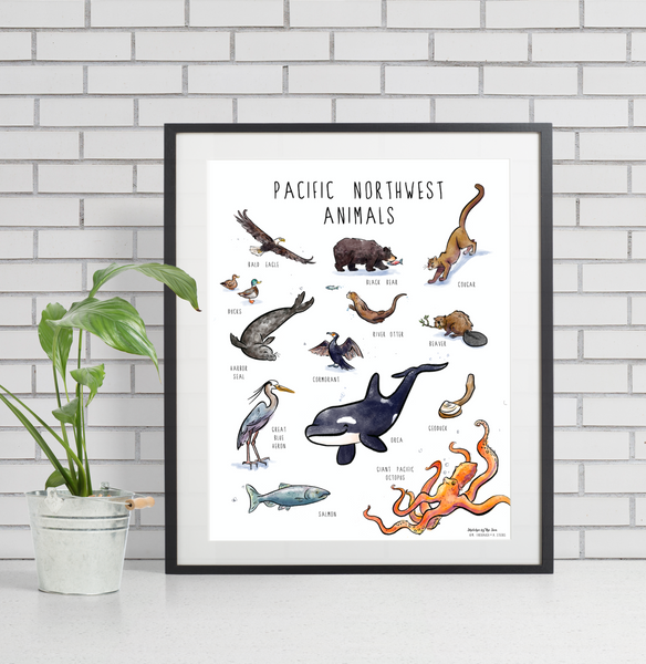 Pacific Northwest Animals Poster, Whimsical Wall Art