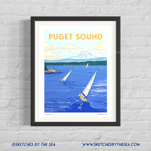 Puget Sound Travel Poster, Retro Inspired Art Print
