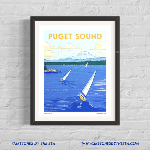 Puget Sound Travel Poster, Retro Inspired Art Print