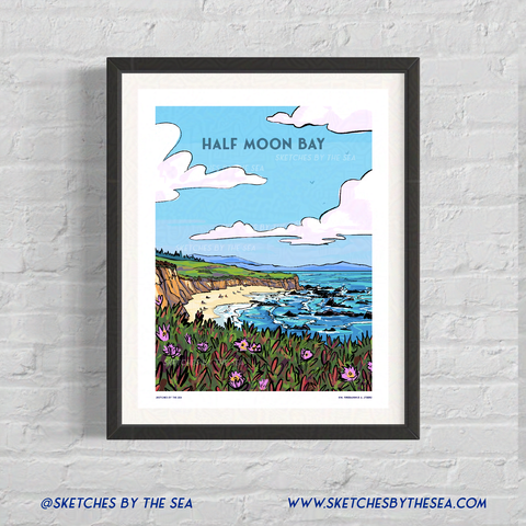 Half Moon Bay Poster, Retro Inspired Travel Art Print