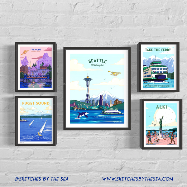 Alki Boardwalk Travel Poster, West Seattle Neighborhood Retro Inspired