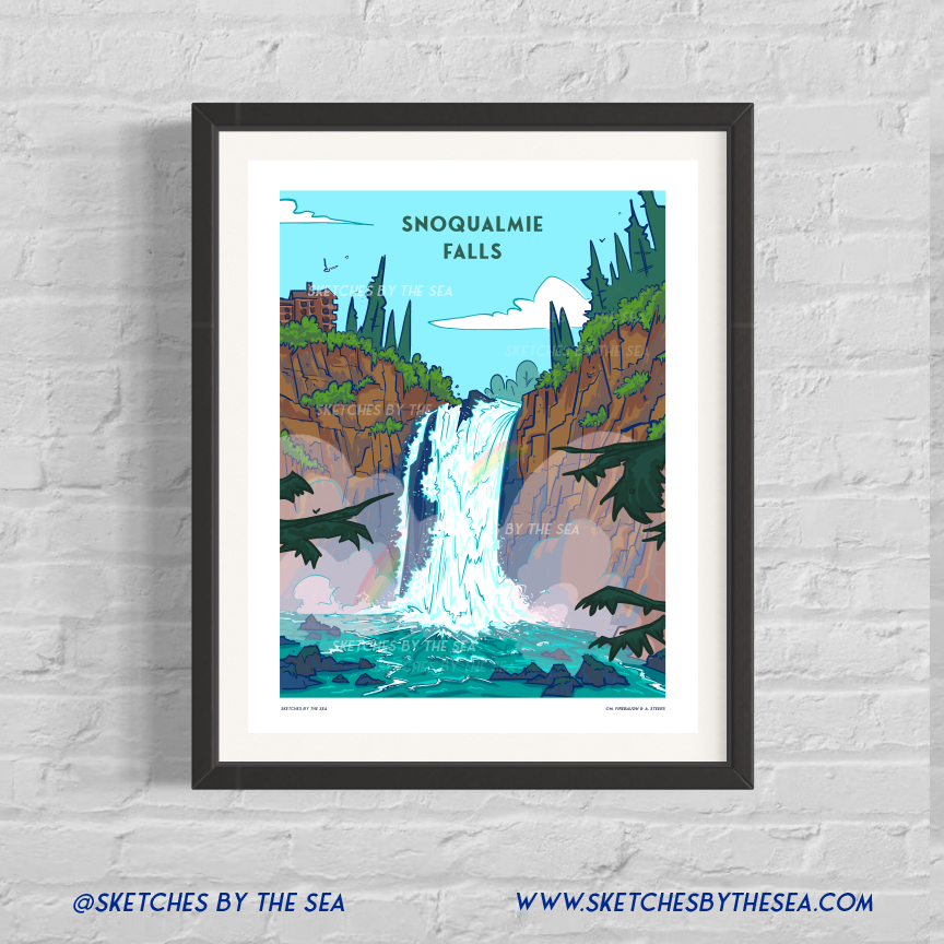 Snoqualmie Falls Art Print, Washington Waterfall Retro Inspired Travel Poster