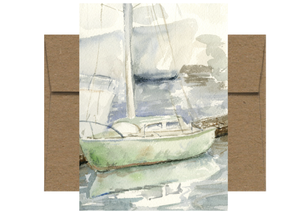 Green Docked Sailboat Watercolor Card