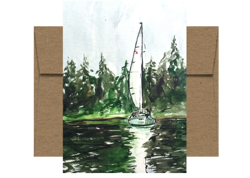 Evergreen Waters Sailboat Watercolor Card WC214