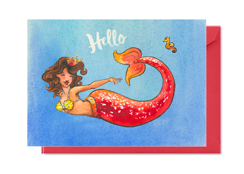 Hello Red Mermaid Card
