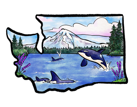 Washington State and Orcas Illustration Print
