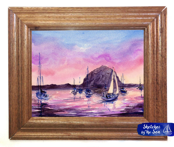 Sunset at Morro Bay, Watercolor Painting Art Print. Nautical Decor