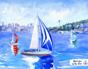 Seattle Sailboat Race with the Space Needle Watercolor Painting - Art Print