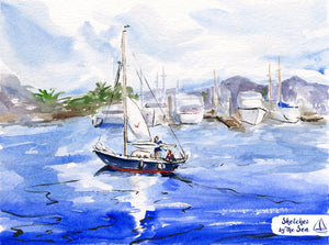 Lowering the Main, Watercolor Art Print. Nautical Decor