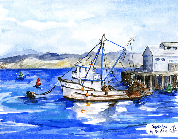 Monterey Fishing Rig. Fisherman's Wharf. Watercolor Painting - Art Print