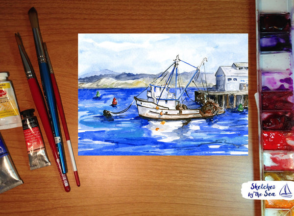 Monterey Fishing Rig. Fisherman's Wharf. Watercolor Painting - Art Print