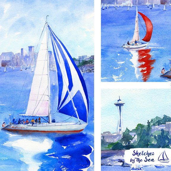 Seattle Sailboat Race with the Space Needle Watercolor Painting - Art Print