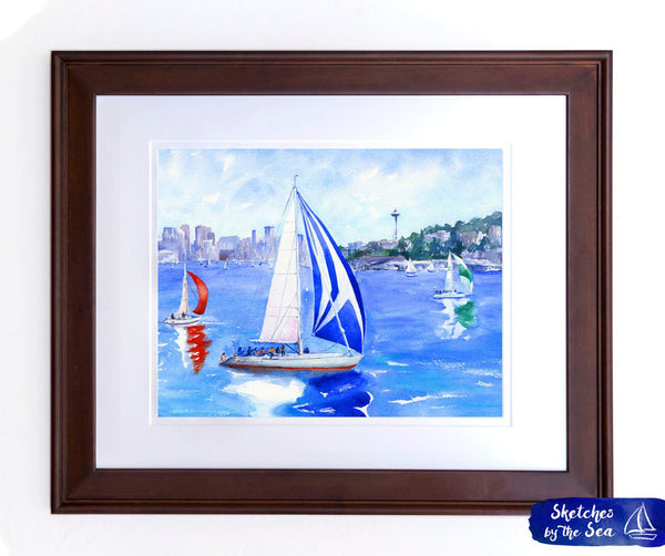 Seattle Sailboat Race with the Space Needle Watercolor Painting - Art Print