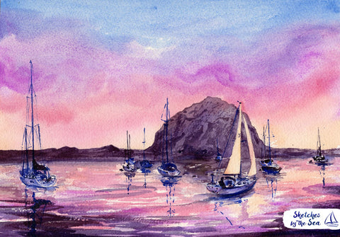 Sunset at Morro Bay, Watercolor Painting Art Print. Nautical Decor