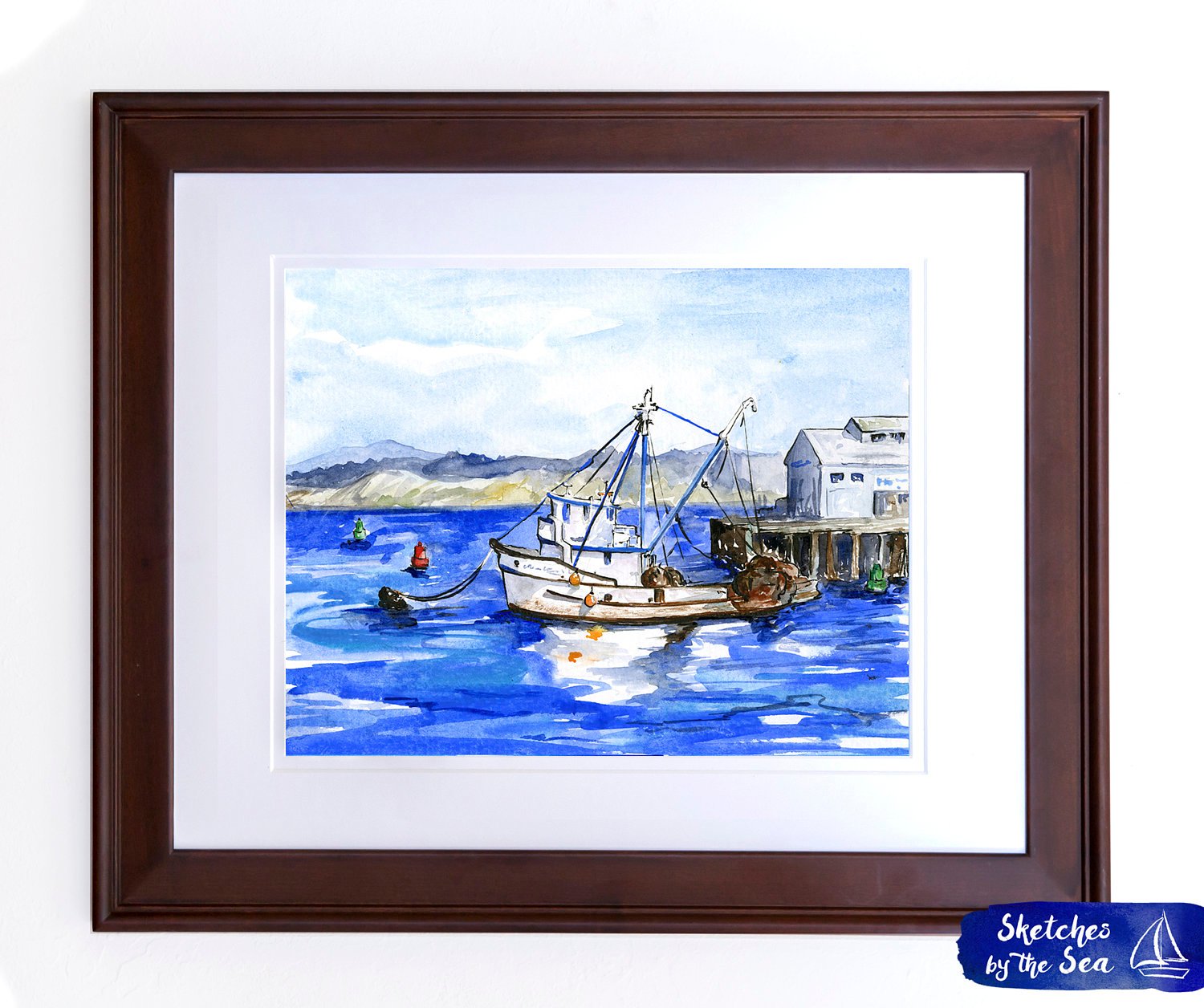 Monterey Fishing Rig. Fisherman's Wharf. Watercolor Painting - Art Print