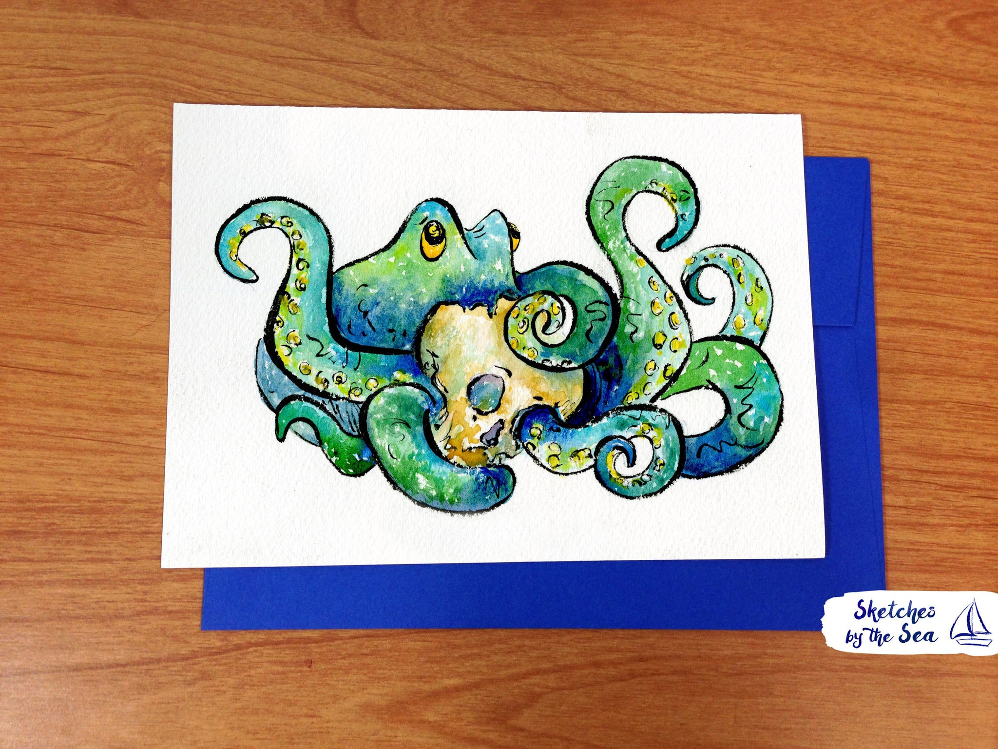 Octopus and Skull Card. Watercolored Greeting Card