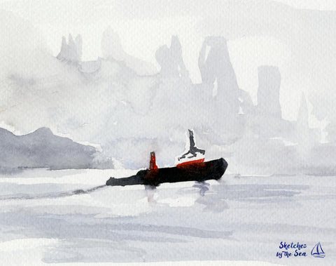 Tugboat and Fog Watercolor Art Print