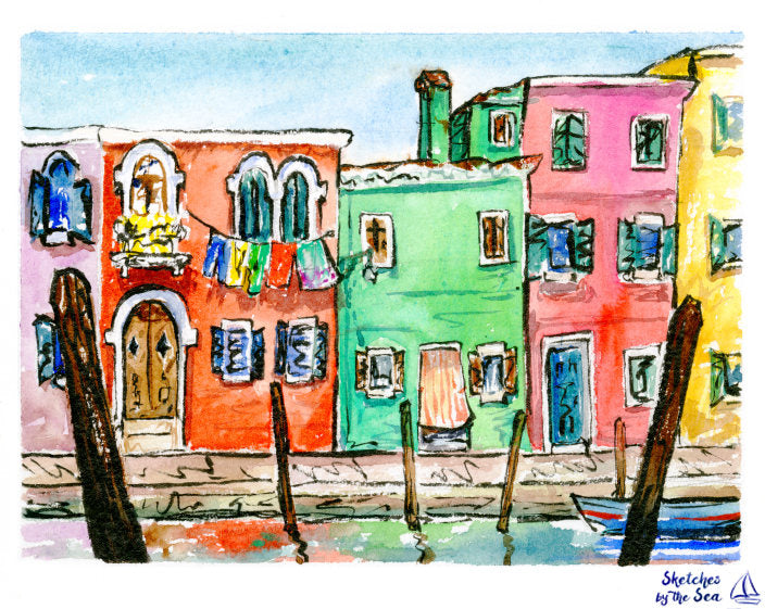 Colorful Burano, Venice, Watercolor Art Print