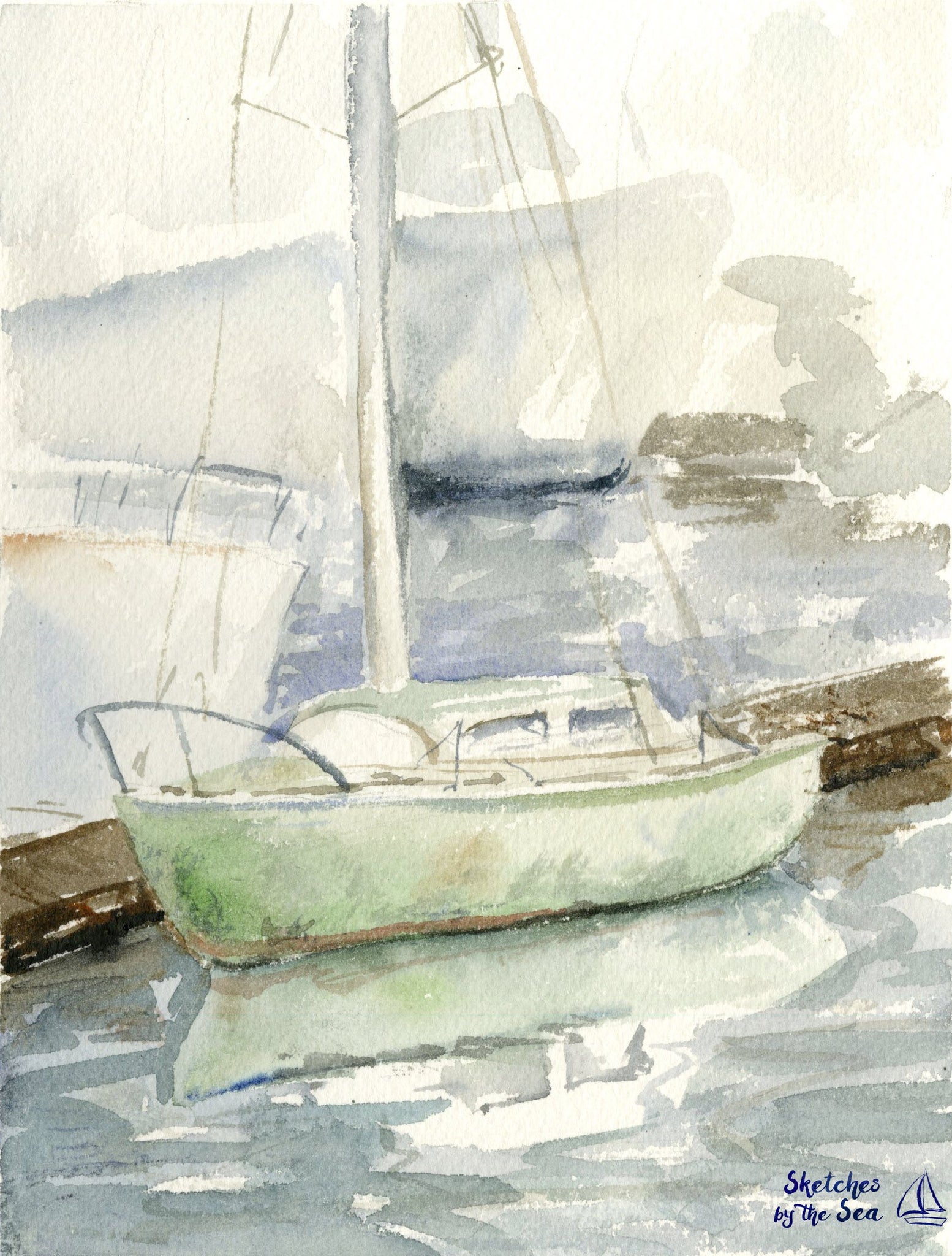 Green Docked Sailboat Watercolor Painting Art Print