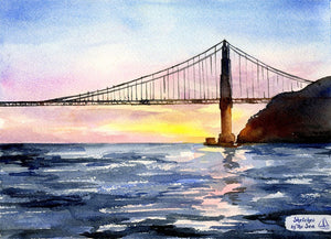 Golden Gate At Sunset, Watercolor Decor Print