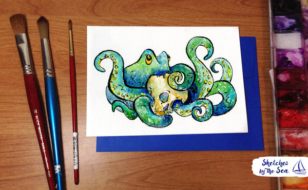 Octopus and Skull Card. Watercolored Greeting Card