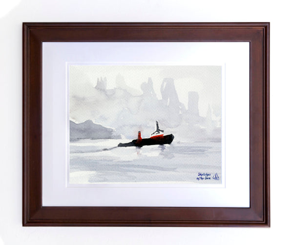 Tugboat and Fog Watercolor Art Print