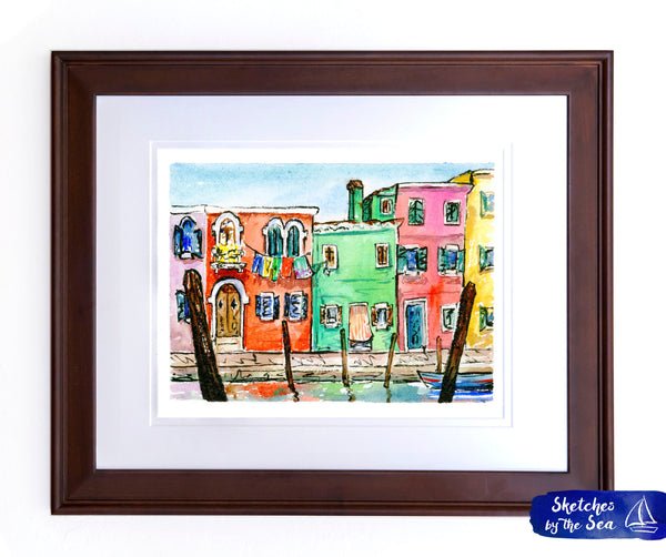 Colorful Burano, Venice, Watercolor Art Print
