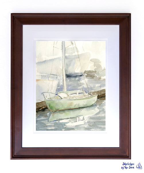 Green Docked Sailboat Watercolor Painting Art Print