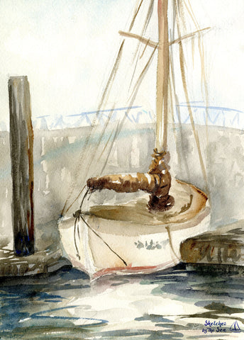 Docked Sailboat Watercolor Painting Art Print