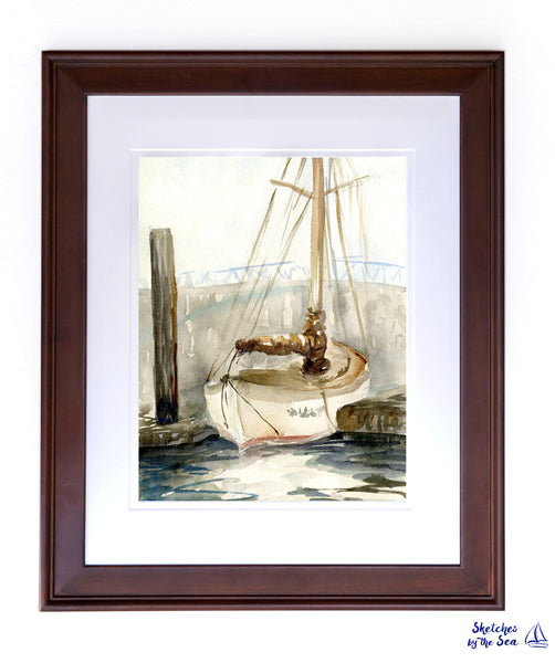 Docked Sailboat Watercolor Painting Art Print