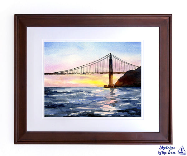 Golden Gate At Sunset, Watercolor Decor Print