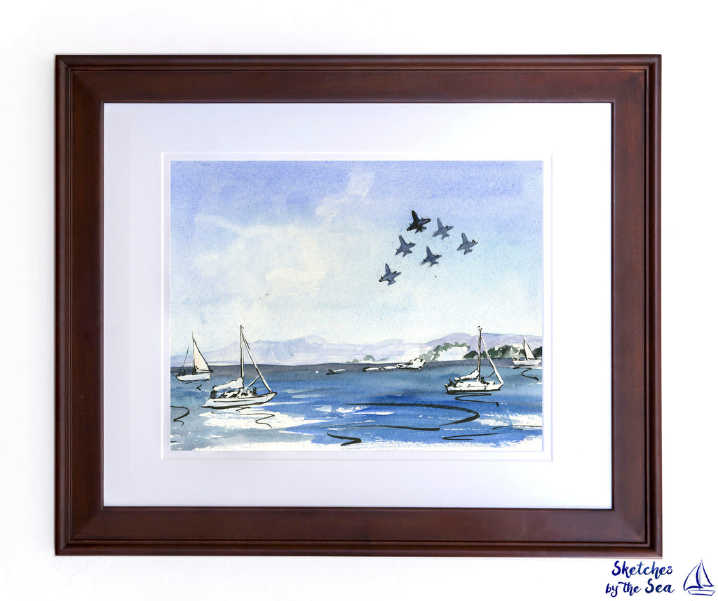 Blue Angels and White Sailboats, Watercolor and Ink Nautical Decor