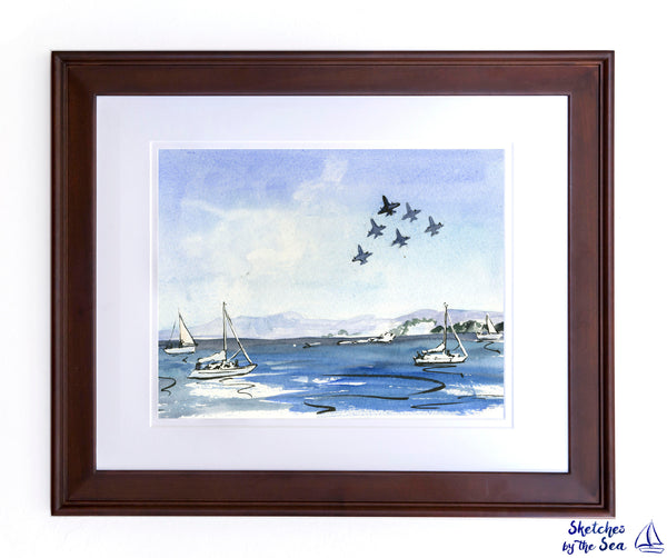 Blue Angels and White Sailboats, Watercolor and Ink Nautical Decor Print