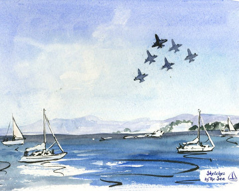 Blue Angels and White Sailboats, Watercolor and Ink Nautical Decor Print