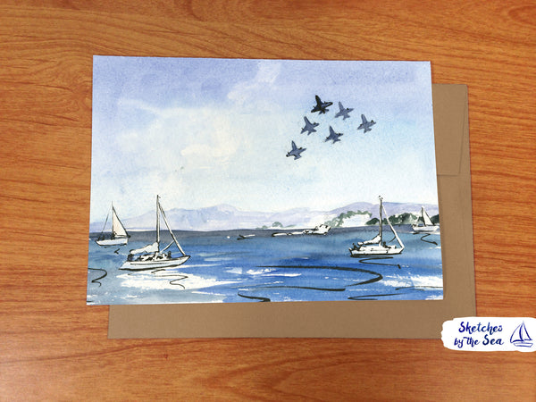 Blue Angels & White Sailboats Watercolor Card WC512